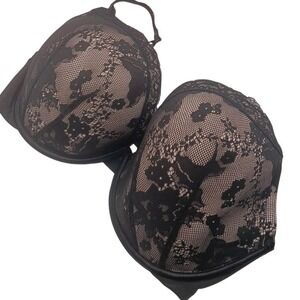 Cacique Bra Womens 44DDD Black Lace Plunge Push Up Underwire Plus Size Stretch